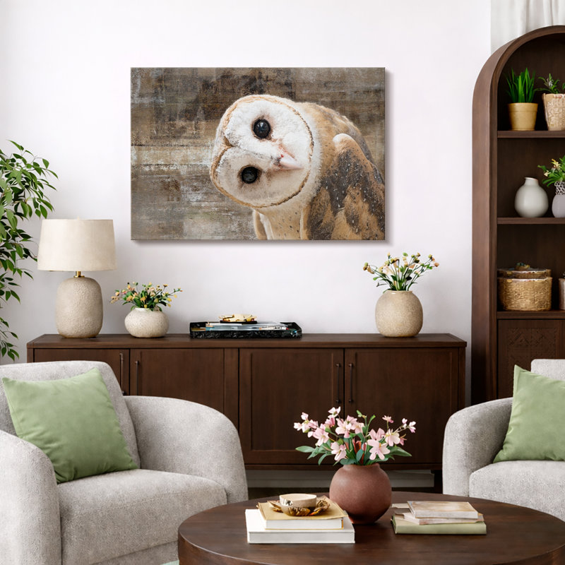«Bird Bird Curious Owl Look» (Tyto Albahead), tête en gros plan sur toile, Toile tendue, H 12 po x l 18 po, Sans cadre