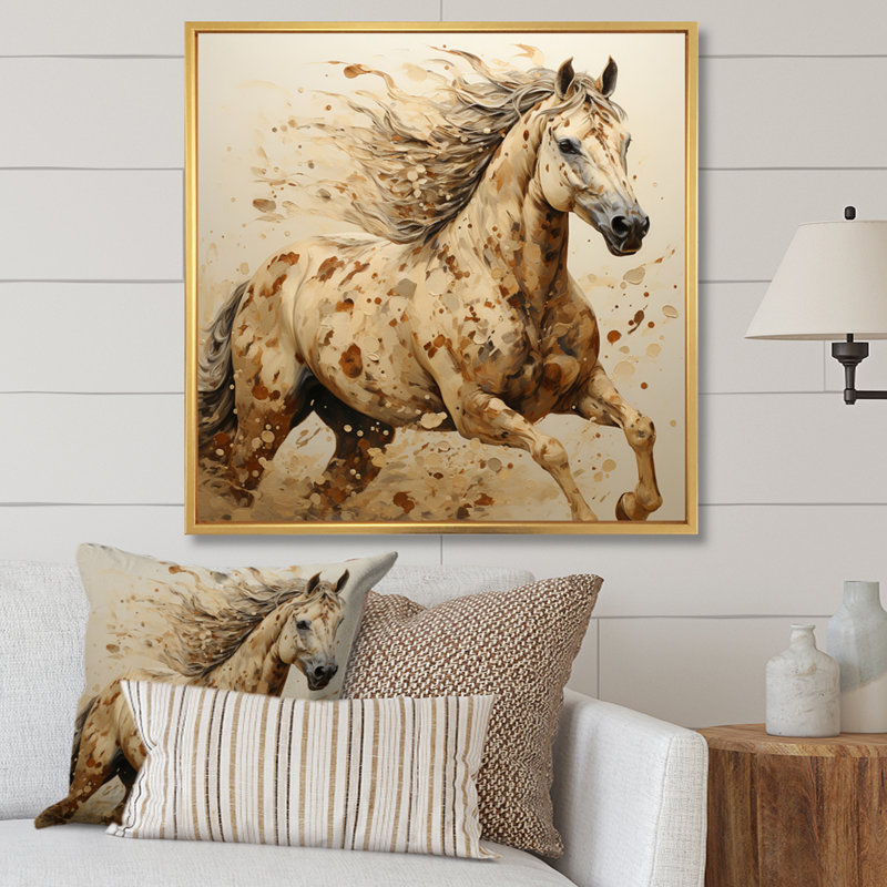 Beige cheval harmonieux pointillisme - imprimé, H 36 po x l 36 po x P 1,5 po, Cadre flottant doré