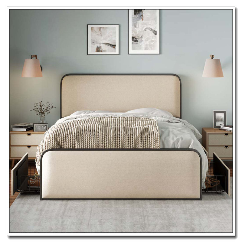Metal Bed Frame With Curved Upholstered Headboard And Footboard Bed With 4 Storage Drawers, Heavy Duty Metal Slats
