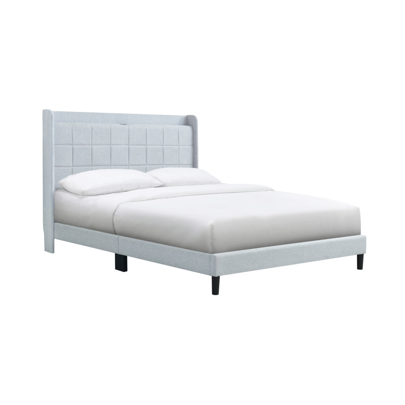 Lit capitonné rembourré avec tête de lit et station de charge intégrée - Grand lit, pied de lit bas, base de lit en tissu moderne