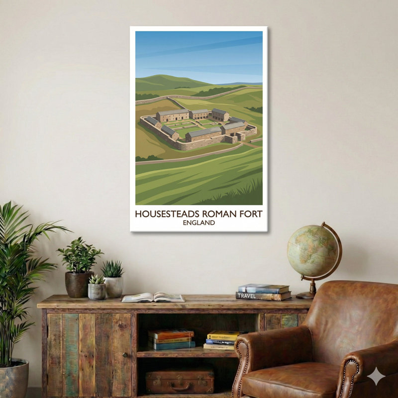 Housesteads Roman Fort, England - Romantic Ruins On Hadrian's Wall Travel Poster. Giclee Print On Wrapped Canvas. Wall Art, Home Decor - Historic Sites & Ruins, England - Wrapped Canvas Print