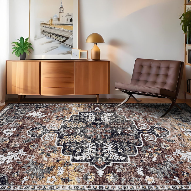 Machine Washable Rug with Rubber Backing for Living Room Vintage Non-Slip Dining Room Rug Easy-Cleaning Floor Carpet for Bedroom Playroom