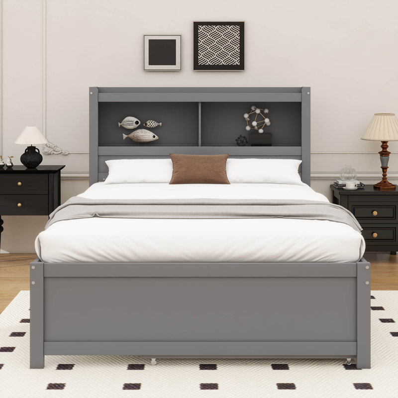 Lit plateforme double avec tiroirs gigognes et ports USB, Gris