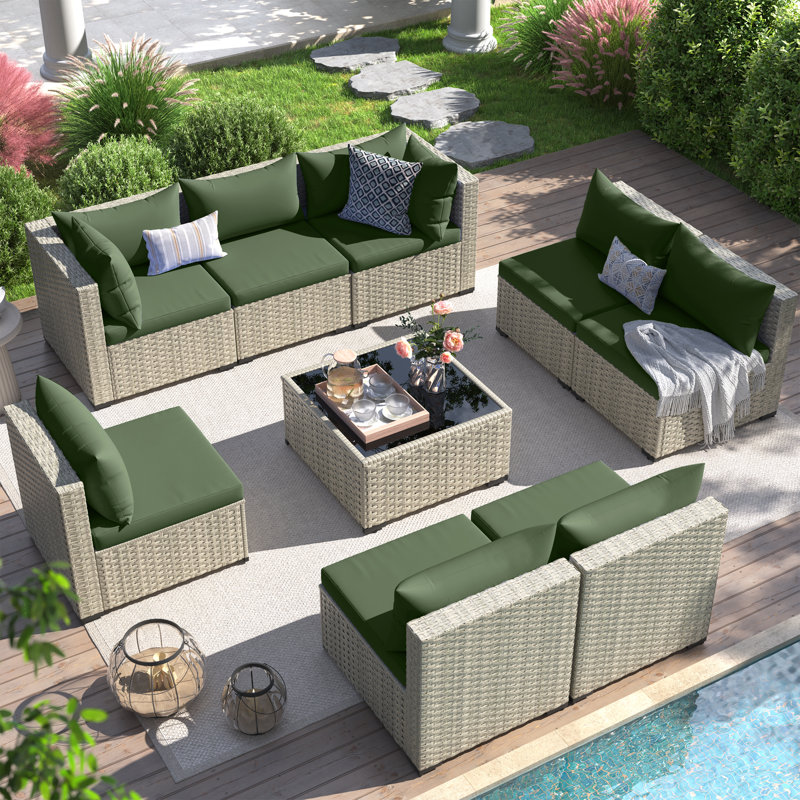 9 Pieces Rattan Patio Conversation Sets With Cushions, Green