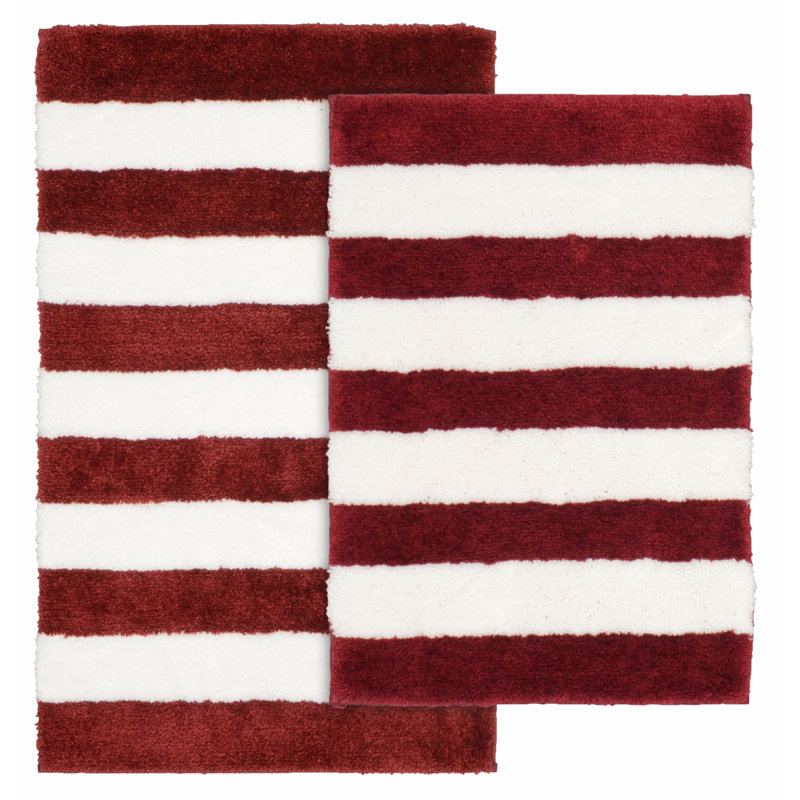 Ronning Beach Stripe Nylon and Polyester 2 Piece Bath Rug Set with Non-Slip Backing, Crimson Red