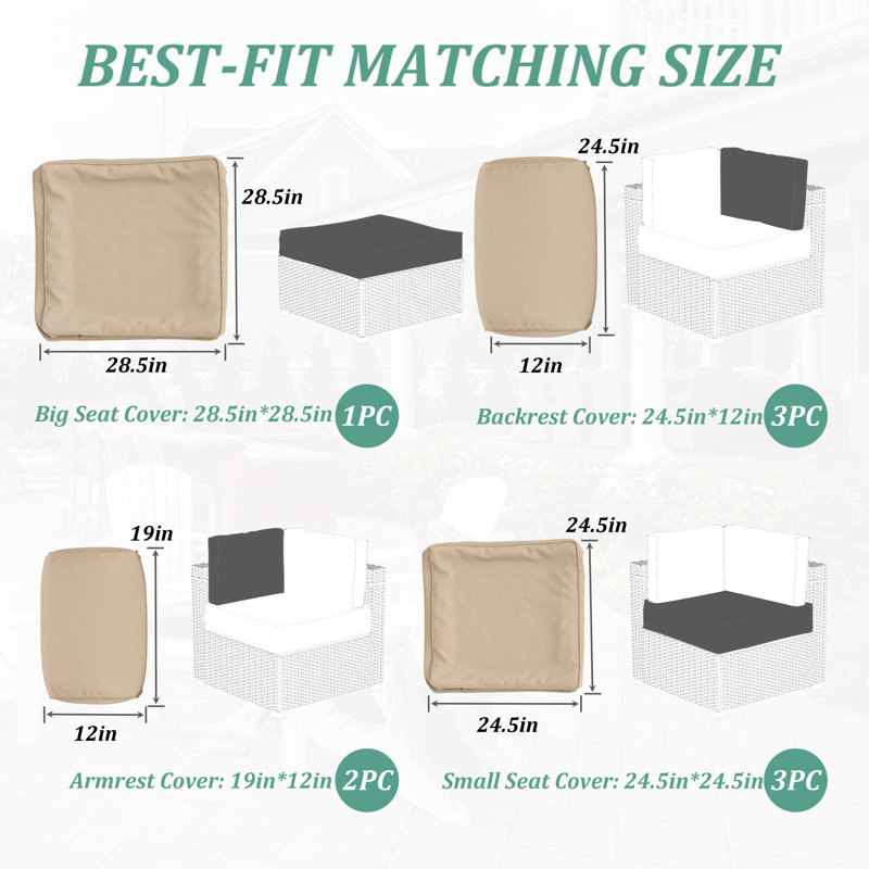 9-Piece Outdoor Cushion Cover Set (Set Of 3 Seats , 5 Backs, 1 Footrest)， Only Covers, Sand