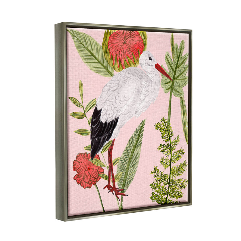 Giclée d'oiseaux botaniques roses par Melissa Wang, Cadre flottant gris lustré, H 21 po x l 17 po x P 1,7 po