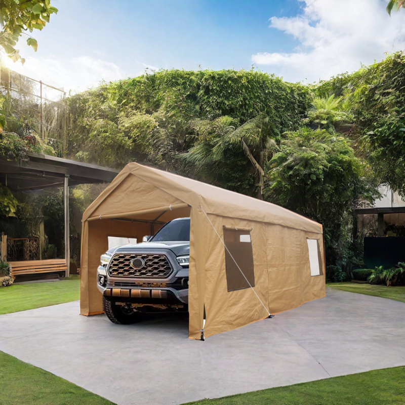 12' x 20' Sand Portable Carport with Windows and Rolling Door
