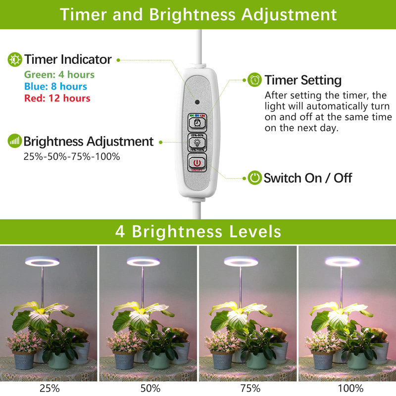 Grow Light, LED Plant Light For Indoor Plants Growing, Full Spectrum Desk Growth Lamp With Automatic Timer For 4H/8H/12H, 4 Dimmable Levels, Height Adjustable 9.8"-30.6"