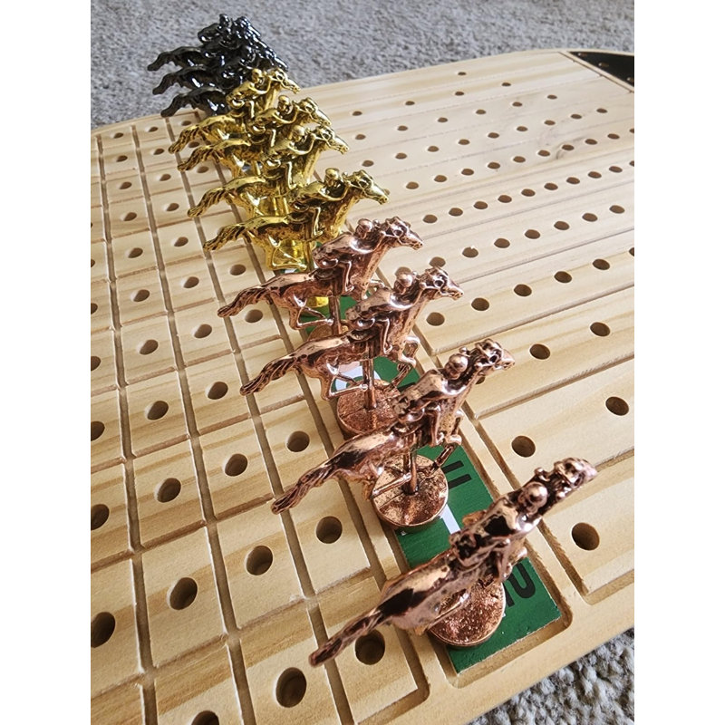 Jeu de course de chevaux en bois massif épaissi avec 11 chevaux en métal luxueux et durable avec 4 dés et 2 boîtes (bûche, ovale)