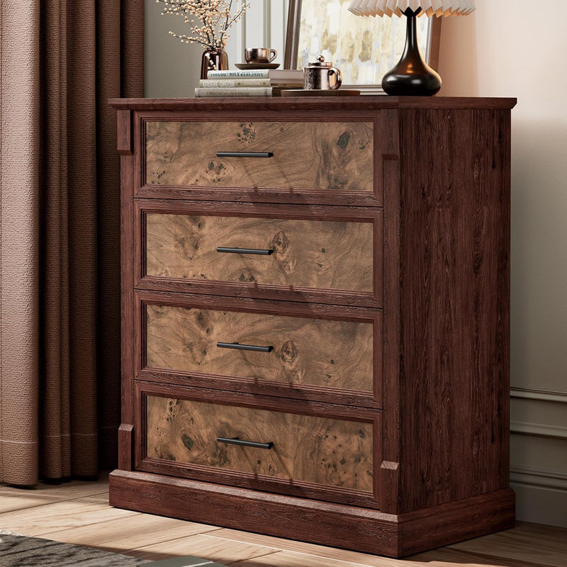 Commode haute marron de style ferme à 4 tiroirs pour chambre à coucher moderne, Brun