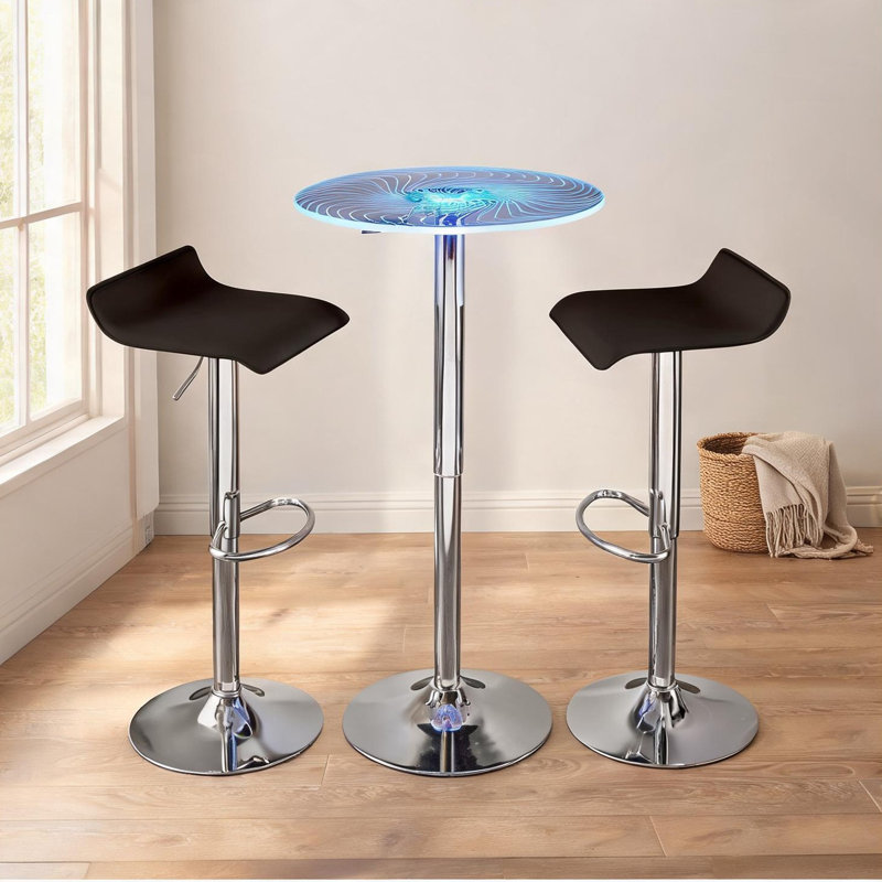 Ensemble de bar moderne 3 pièces avec table lumineuse en acrylique et tabourets en similicuir brun riche