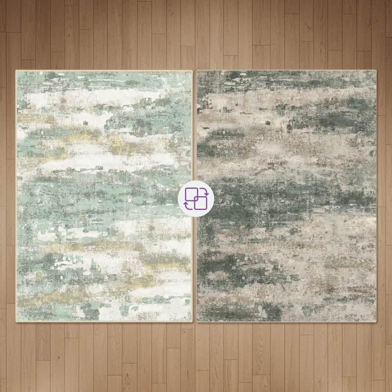 Pavelina Abstract Reversible Green Machine-Washable Area Rug with Rug Pad, Rectangle 5' x 7', Green 