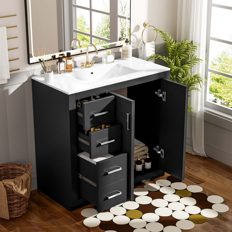 Ensemble de meuble-lavabo 36 po avec lavabo en céramique, armoire de rangement en bois massif, ensemble de meuble-lavabo autoportant avec 3 tiroirs et portes à fermeture douce