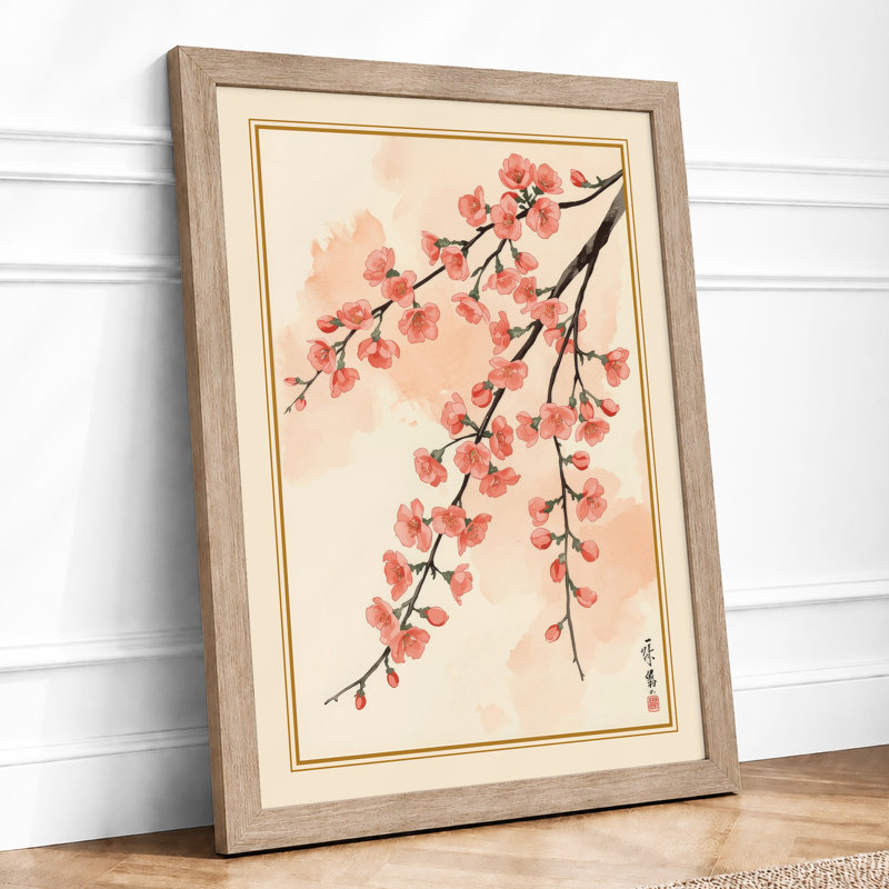Cherry Blossom Branch Japandi - Framed Print, A2 - 59.4 x 42.0 cm, Oak