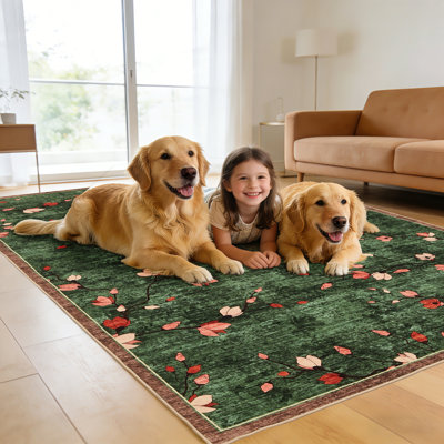 Tapis 9 x 12 pour salon, tapis floral rétro, tapis lavable antidérapant et à poils courts pour salon, chambre à coucher, salle à manger, vert foncé