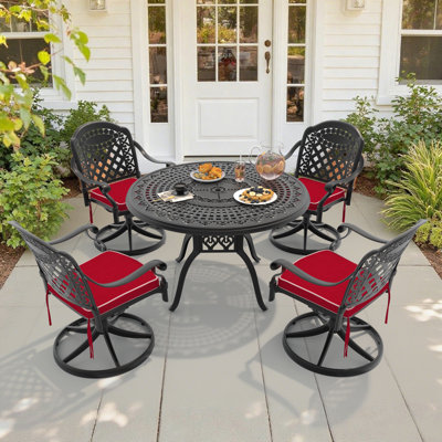 4-Person 47.24" Patio Round Dining Set with Umbrella Hole, 4 Swivel Chairs with Red Cushions