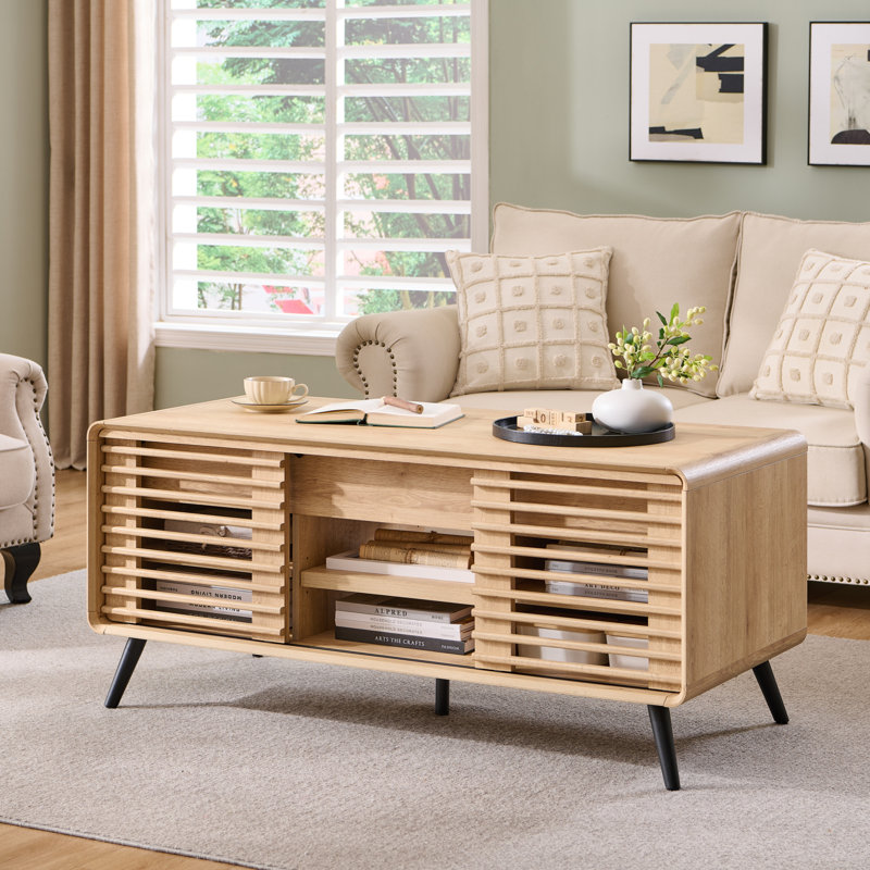 Table basse à plateau relevable avec rangement Taeven, Chêne naturel