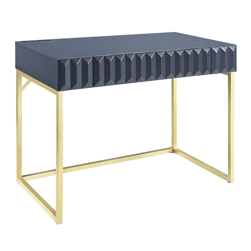 Livengood 42"W x 30.5"H Metal Base Writing Desk with Power Outlet, Blue/Gold