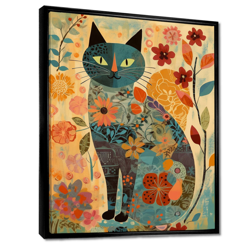 Boho Cat Flower Collage - Art mural chat, H 20 po x l 12 po x P 1 po, Toile avec cadre noir