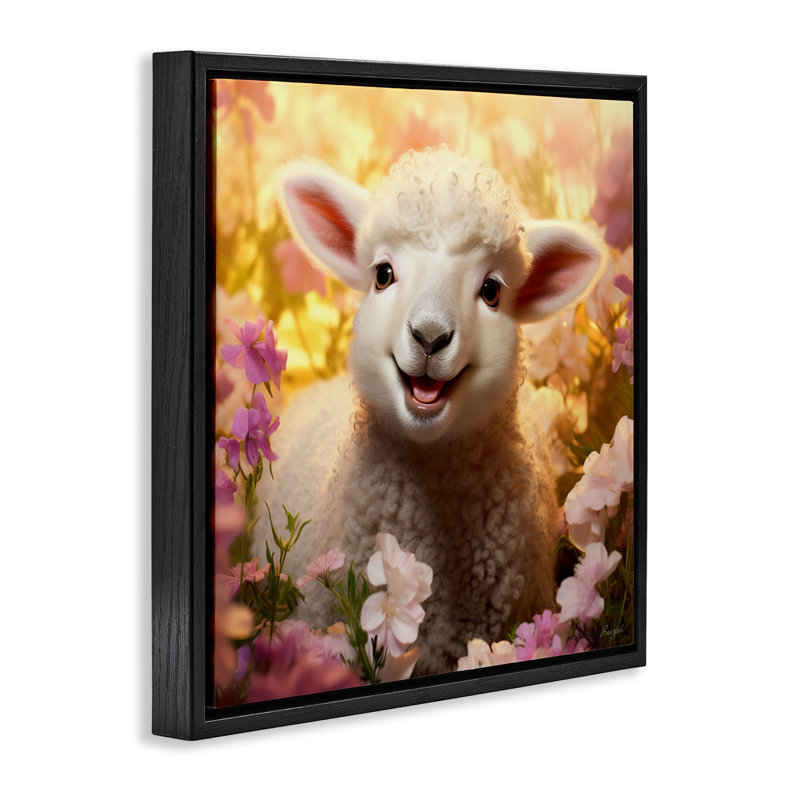 Agneau dans un pré fleuri, Cadre flottant noir de jais, H 25 po x l 25 po