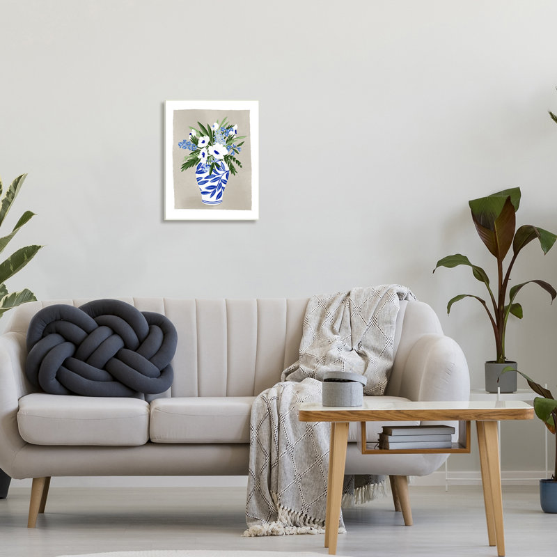 «White Poppies Flower Leaves», vase à motif traditionnel chinois surdimensionné, estampe numérique encadrée, art texturé par Doodles.Ink.