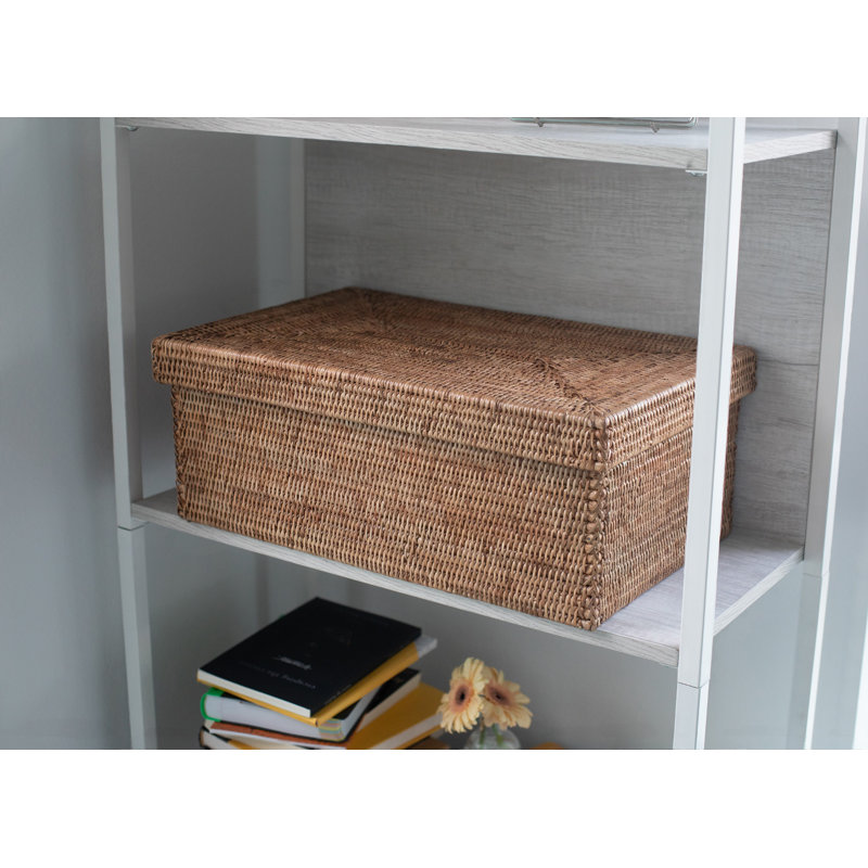 Hand-Woven Rattan Rectangular Bin with Lid, 6" H x 14" W x 10" D, Honey Brown