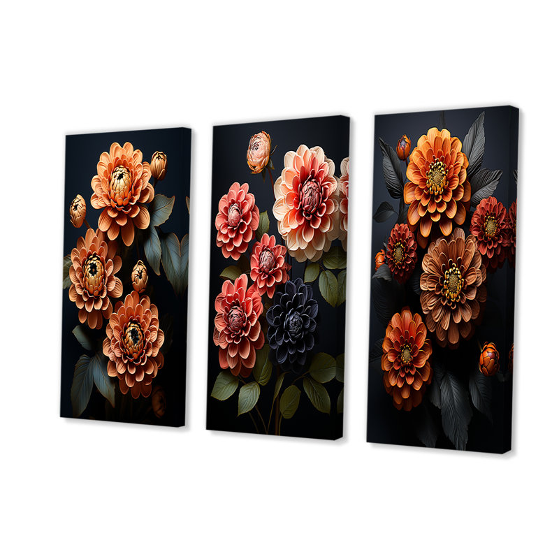 Zinnias Emerge From The Shadows - Zinnias, ensemble de 4 reproductions d'art sur toile, Toile tendue, H 28 po x l 36 po