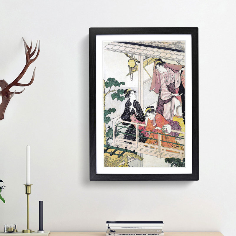 Three Women on a Balcony by Torii Kiyonaga - Picture Frame Painting Print, 36cm H x 27cm W x 2cm D, Black Framed