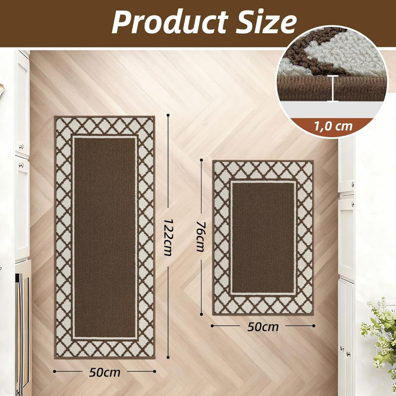 Gray Absorbent Kitchen Runner Rug Mats 2 Pieces for Kitchen, Nonslip TPR Backed Carpet Rugs, 50x76cm+50x122cm, Brown