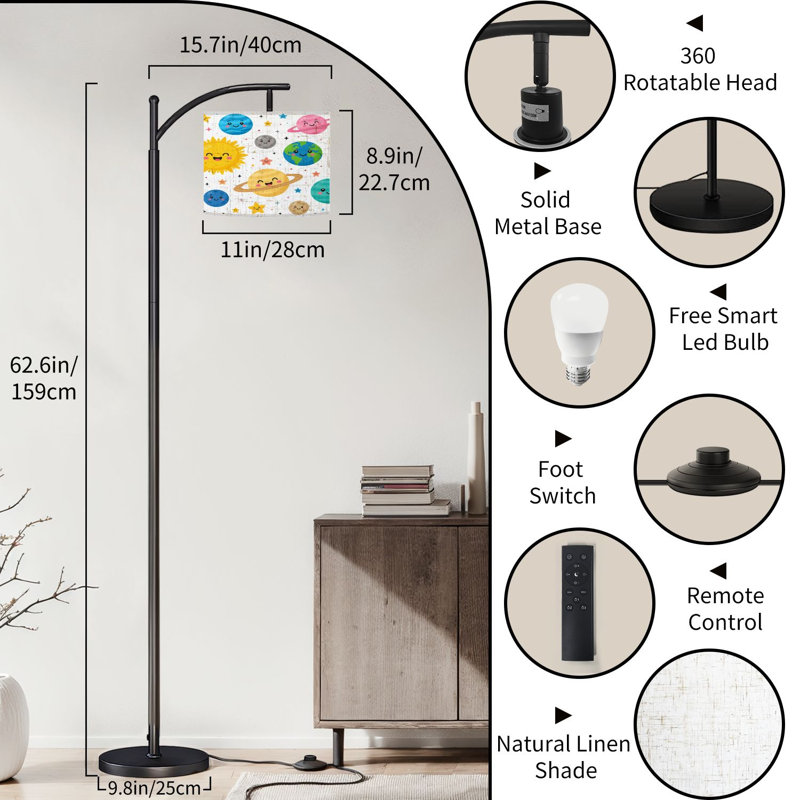  Arc Floor Lamp Space Seamless Planets Solar System Sun Meteorite Stars Doodle Cartoon Tall Modern Standing Lamp LED Adjustable Linen Lampshade 3 Color Temperatures