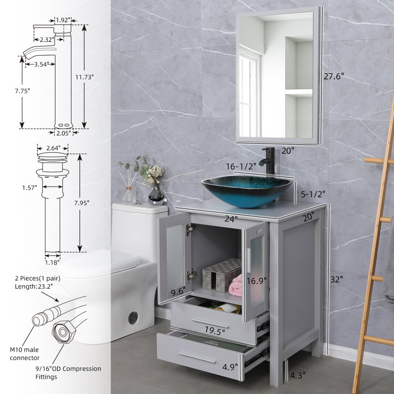 Ensemble de meuble-lavabo simple 24 po avec lavabo vasque Daleny, plateau en bois manufacturé, robinet, bonde, gris, gris