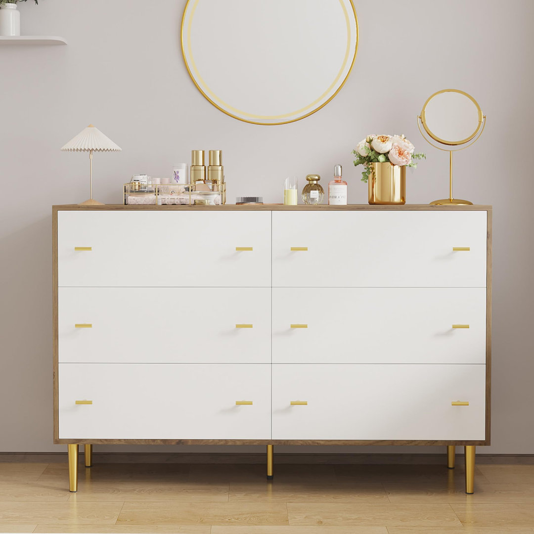 6 Drawers Dresser for Bedroom, 47.2" Wide Wood Rustic Chest of Drawers with Bar Handles, Vintage Design, Storage Dressers Organizer for Bedroom, Livin
