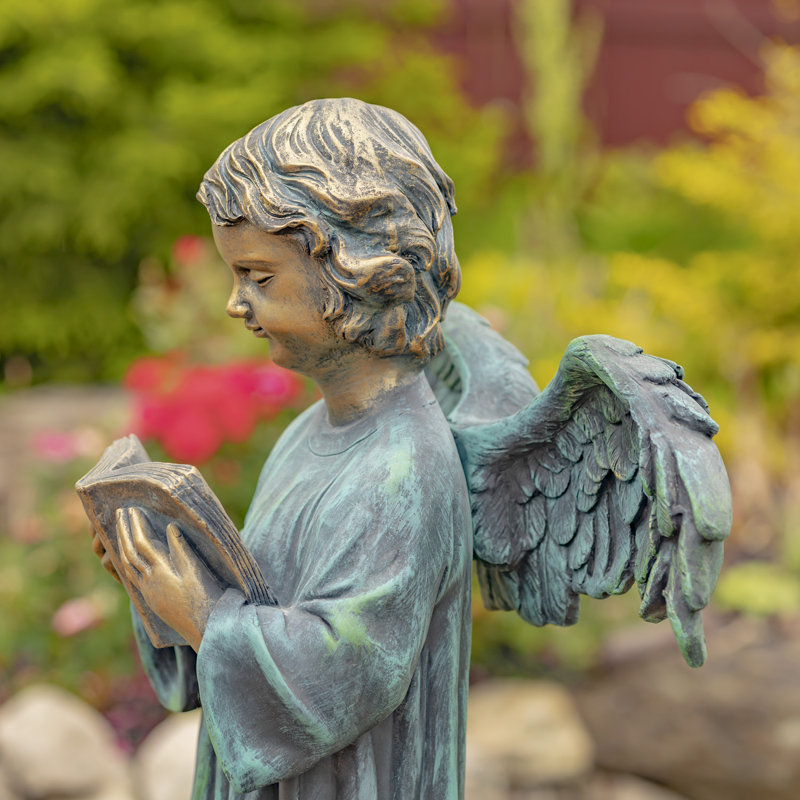 Statue de jardin enfant ange lisant un livre en magnésium, Bronze / Bleu sarcelle