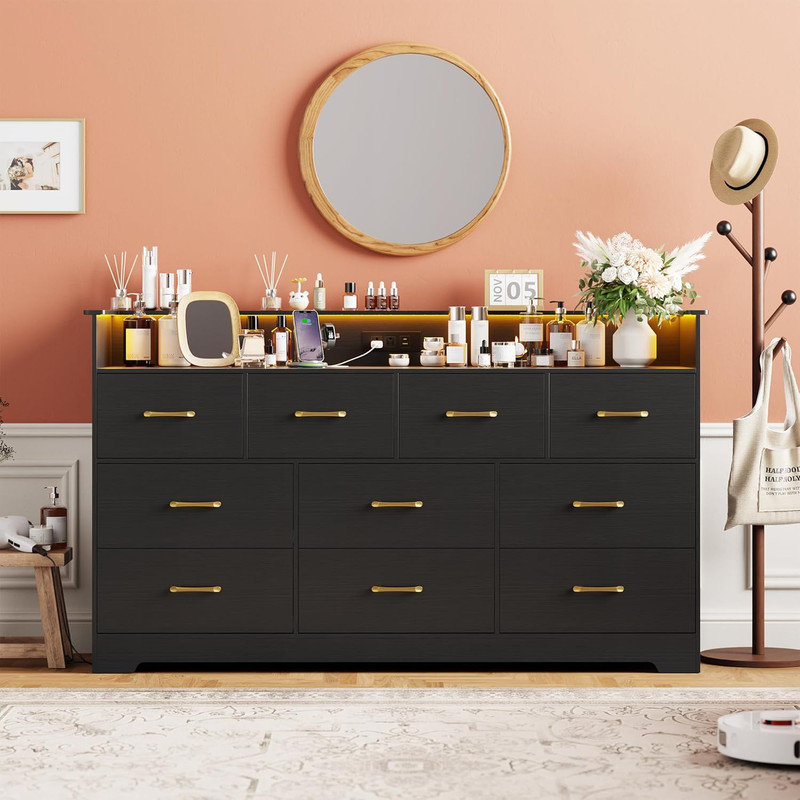 Commode à 10 tiroirs 65 po à DEL avec station de charge - Grande commode moderne pour chambre à coucher, salon, couloir, Noir