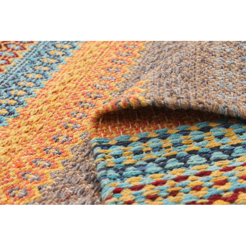 Tapis jaune / bleu / gris à motif géométrique en laine Kilim