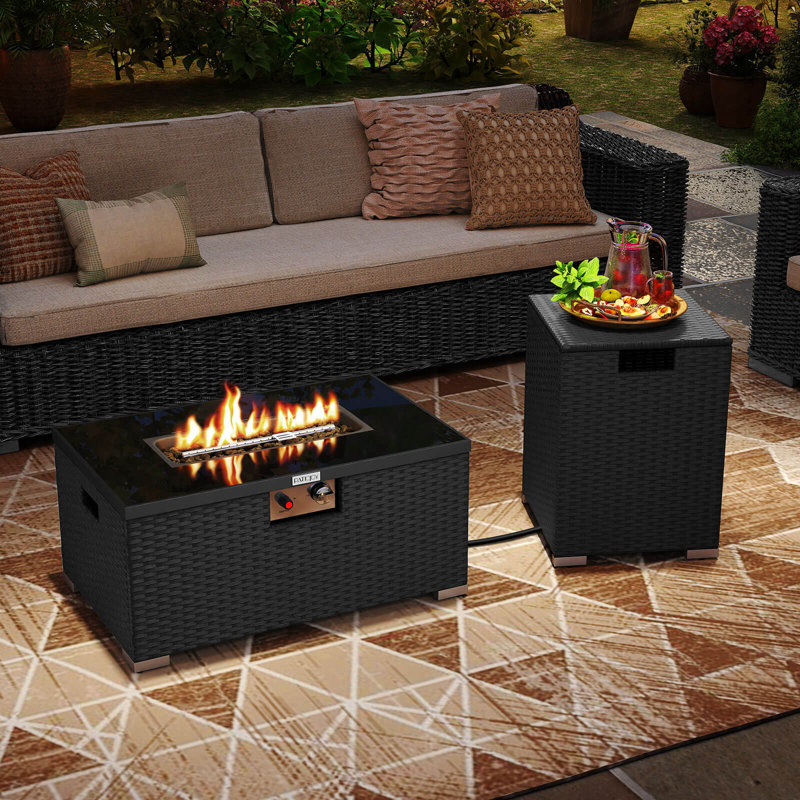 2 PCS Outdoor Rattan Fire Table Set with Tank Cover Tempered Glass Tabletop Black, Black