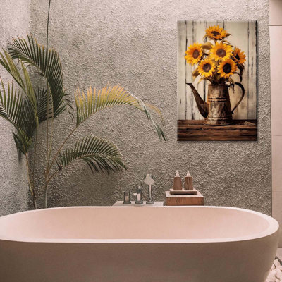 Vintage Sunflower Wall Art Farmhouse Rustic Yellow Sunflower Painting Wooden Background Print Poster Framed Country Style Flower Picture For Bathroom Kitchen Decor