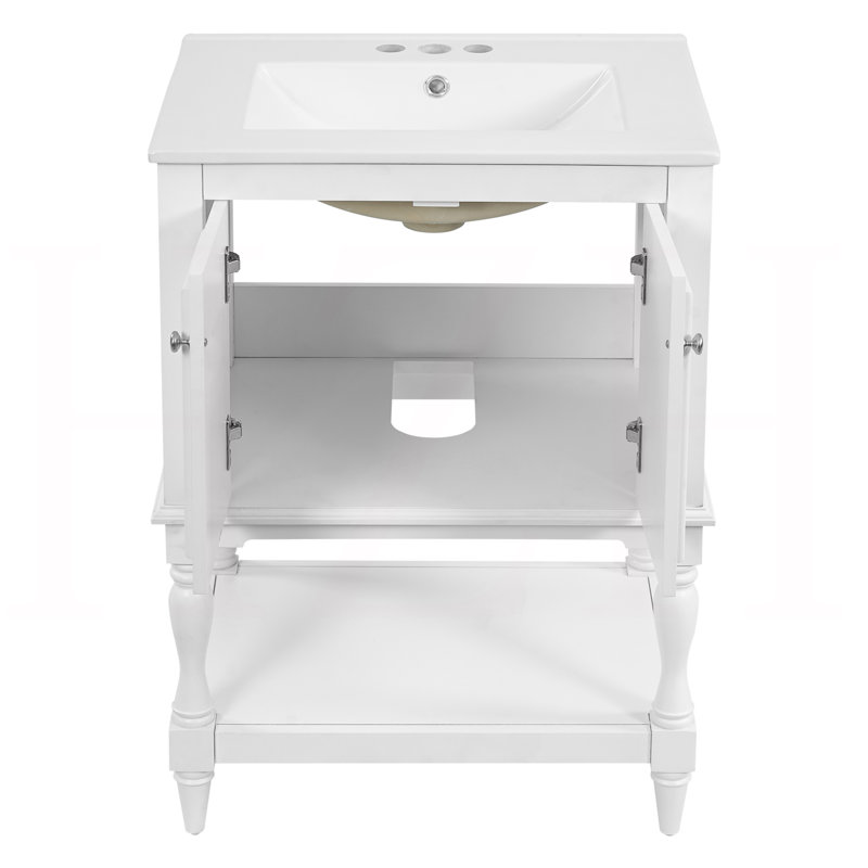 Meuble-lavabo moderne de luxe avec lavabo en céramique, armoire de salle de bain avec tablette ouverte et rangement fermé, 24 po