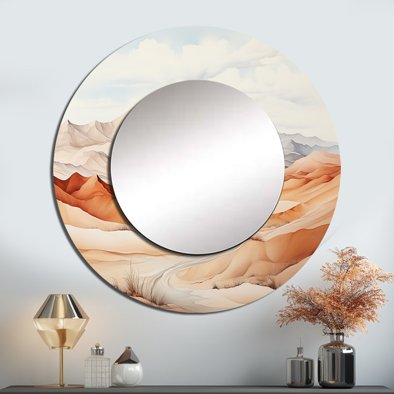 Shareca Saharas Desert Silence - Desert Unique Mirror, Peach Large Round Wall Mirror, Printed Metal Art, 36" x 36"