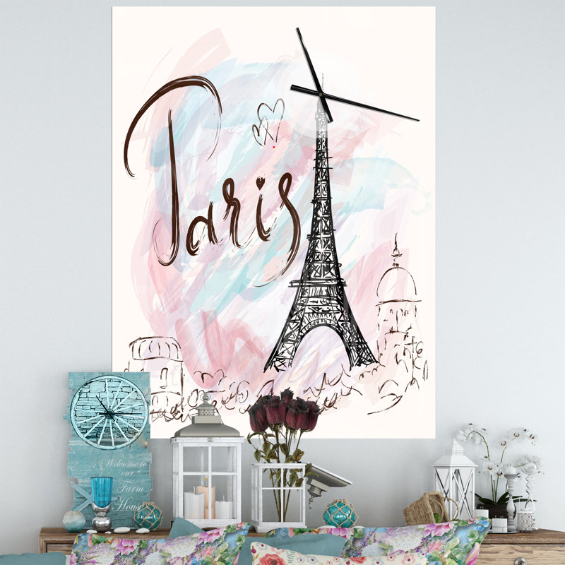 Illustration avec la Tour Eiffel de Paris - Horloge murale moderne, Très grand