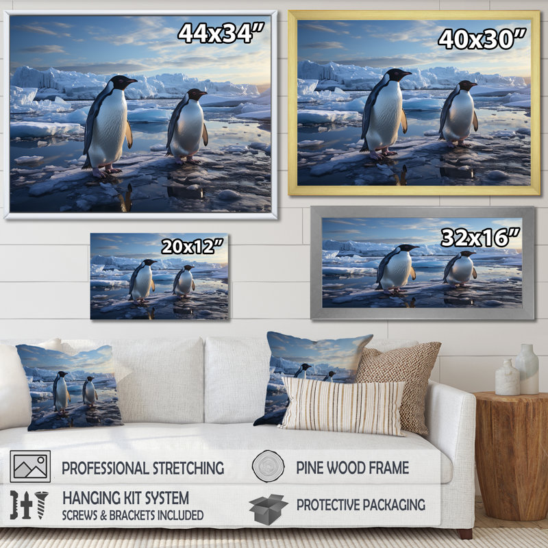 Pingouin se dandinant d'élégance I, Cadre photo blanc, H 16 po x l 32 po x P 1 po