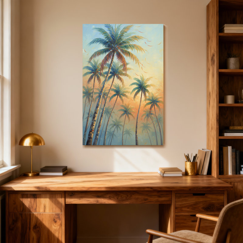 «Plants & Flowers Palm Trees Sunset Sky», reproduction d'art sur toile, H 28 po x l 40 po