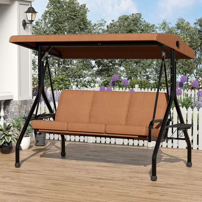 3-Seat Outdoor Porch Swing with Adjustable Canopy & Removable Cushions, 750 lbs Capacity, Cup Holders, Weather-Resistant Steel Frame for Backyard, Patio, Garden