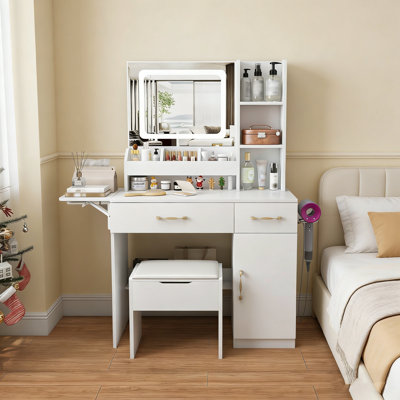 Vanity Desk With Led Mirror Lights And Power Outlet Charging Station