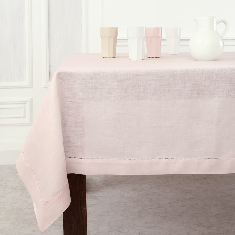 100% Pure Linen Hemstitch Table Throw - Classic Hemstitch, Pink
