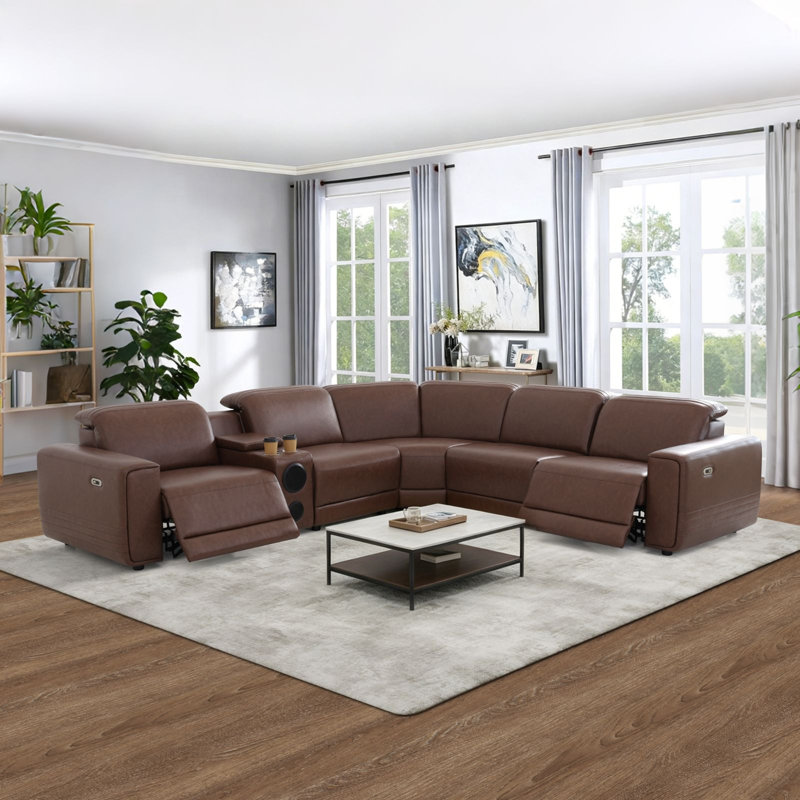 Canapé d'angle inclinable électrique en cuir respirant de 110 pouces avec appuie-têtes électriques, console de rangement et haut-parleurs Bluetooth