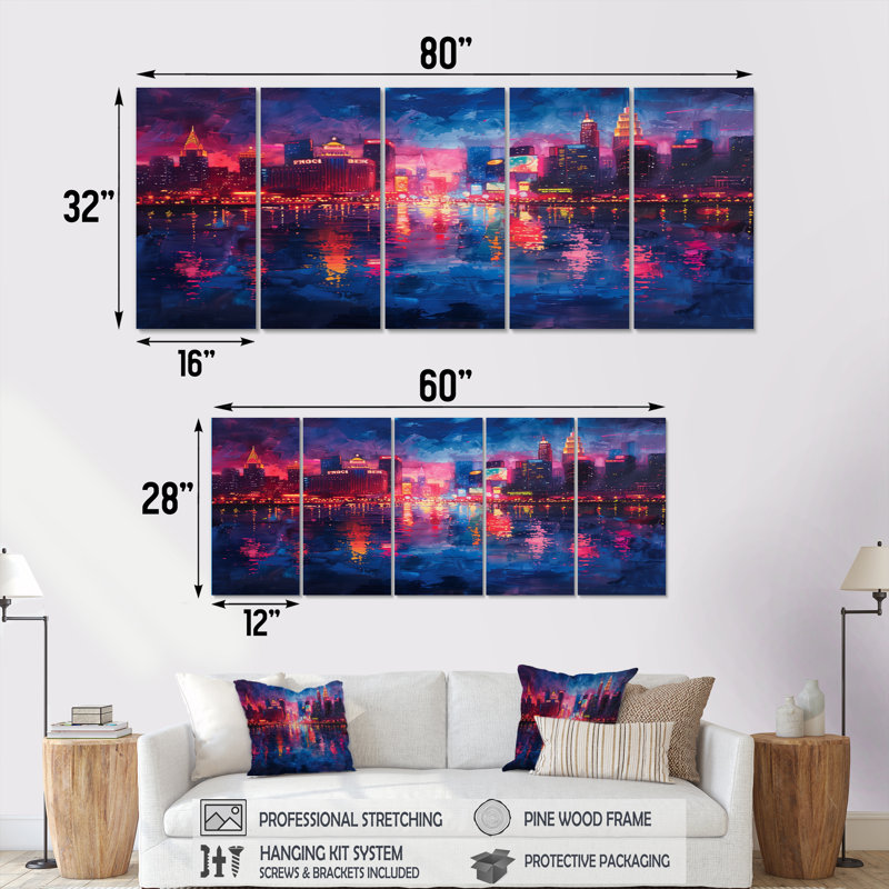 Ensemble de salon avec art mural rose et bleu Neon Nights Casinos II, H 32 po x l 80 po