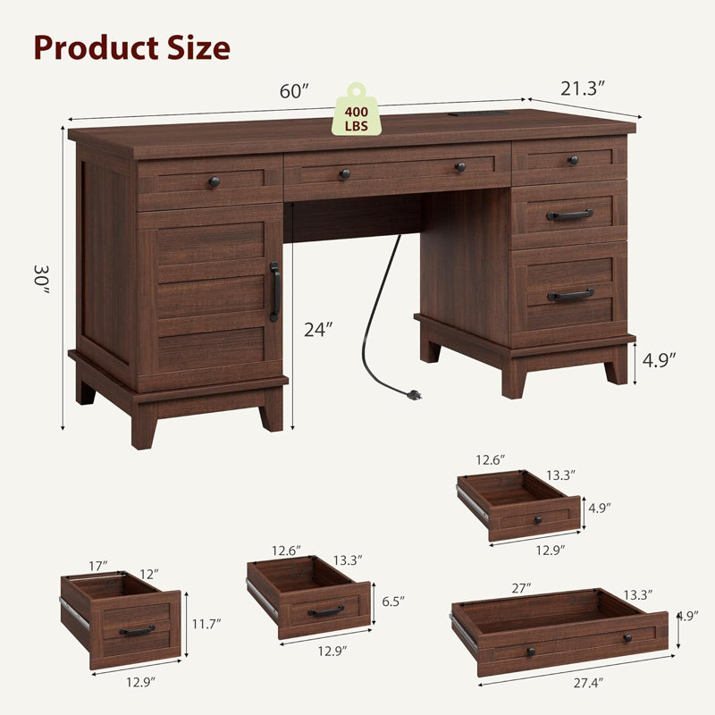 60" Wooden Home Office Desk with File Drawers, Executive Desk with Adjustable Cabinet, Brown/Brown