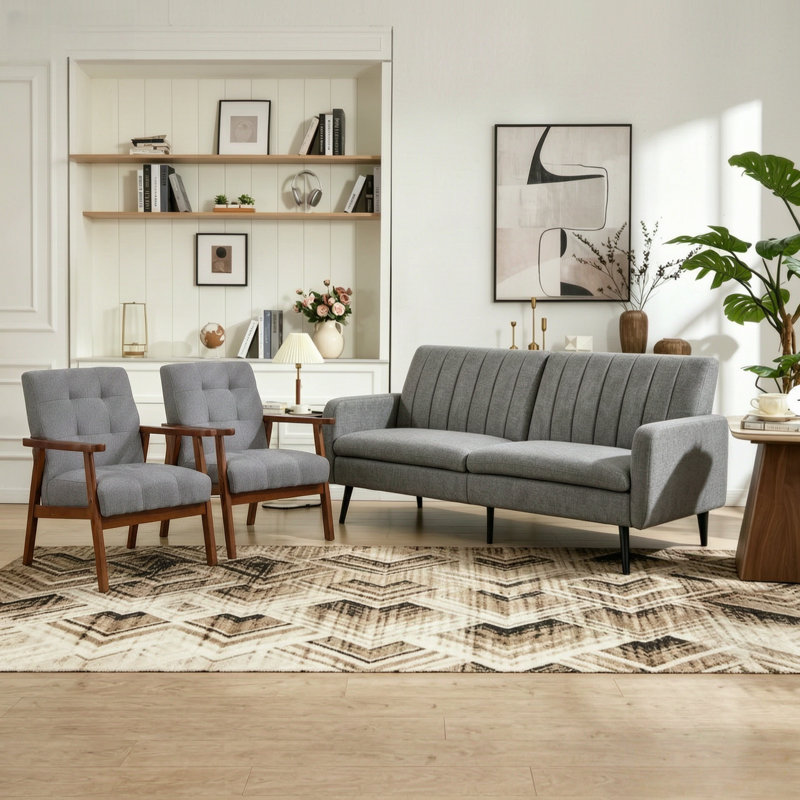 Modern Upholstered Living Room Set With Wooden Armrests & Convertible Backrest, Light Grey, 3 Pcs: Sofa, 2 Chairs